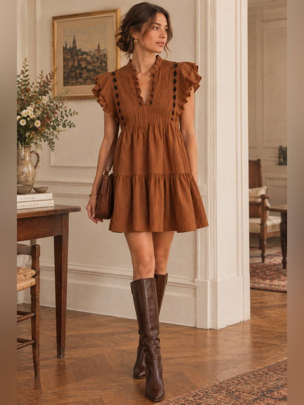 Sea NY Cotton Pintuck Rust Orange Dress Small